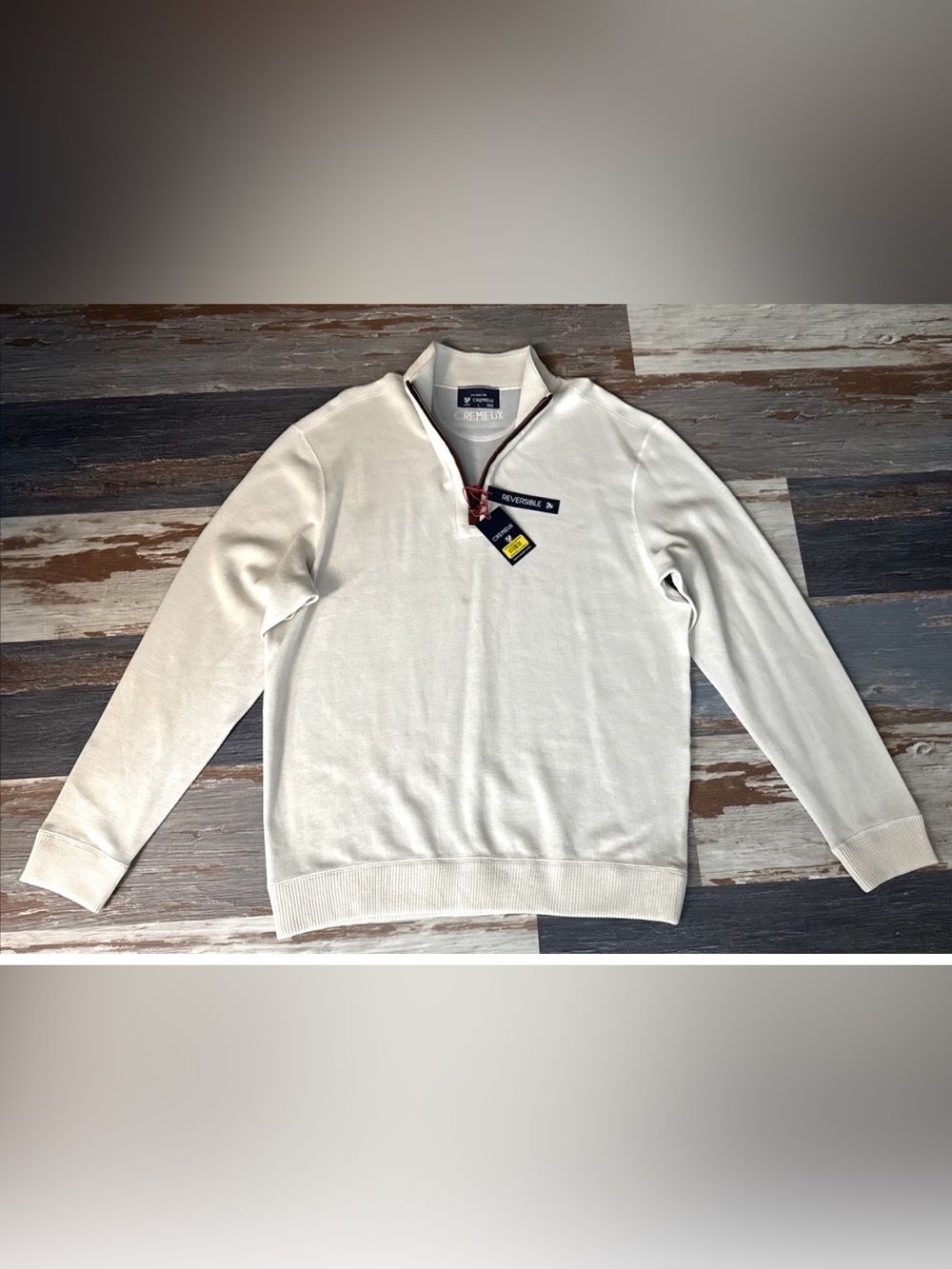 Daniel Cremieux Sweater Mens Large Ivory 1/4 Zip Pullover Reversible Lt Blue NEW